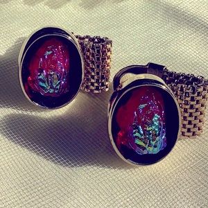VINTAGE 1980s RED LAVA GLASS GOLD PLATED CUFFLINKS.